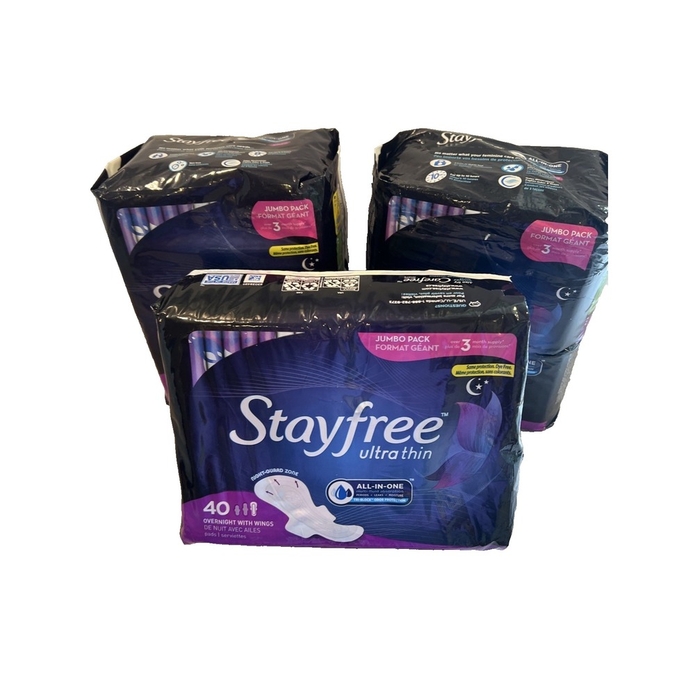 3 x 40 Stayfree Ultra Thin Overnight Pads Wings Dryness Comfort Fights Odor USA